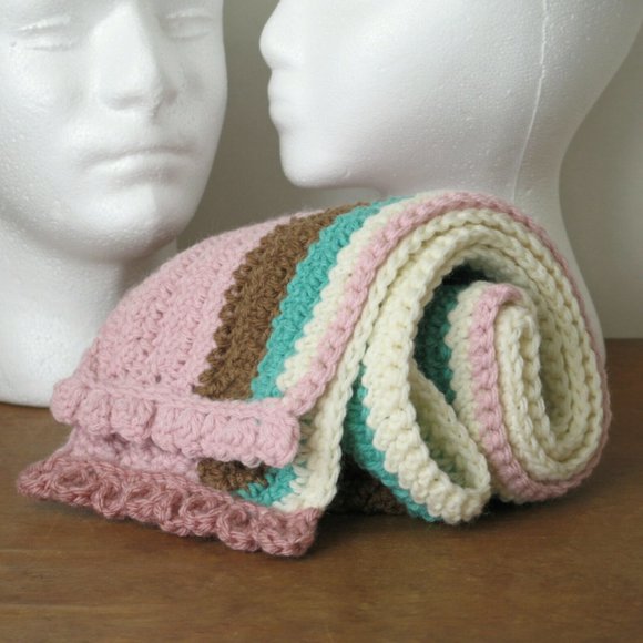 Long Striped Scarf pink/brown/cream/aqua - Picture 10 of 12